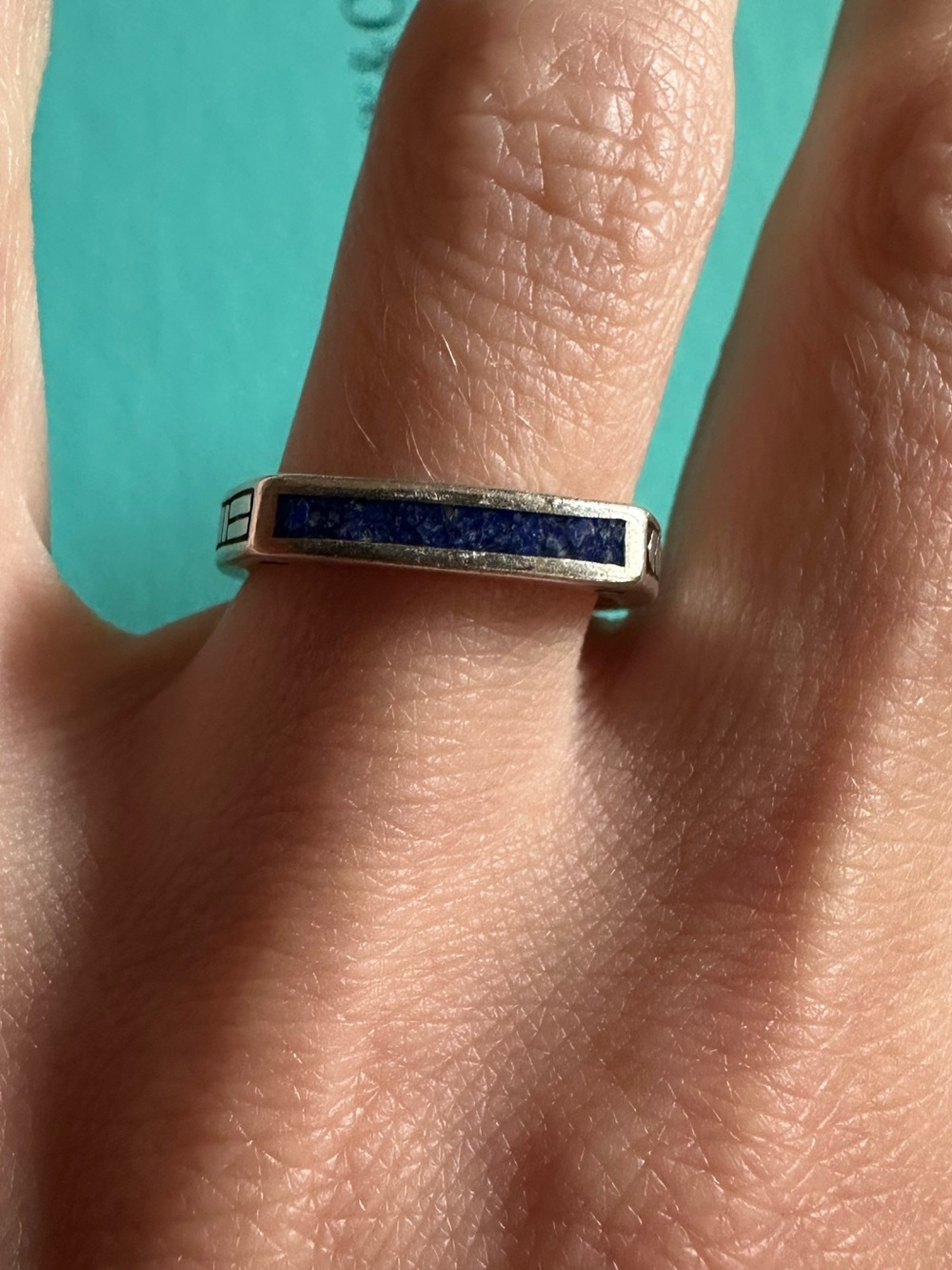 Vintage Square Design Inlaid Lapis Sterling Ring Size 5